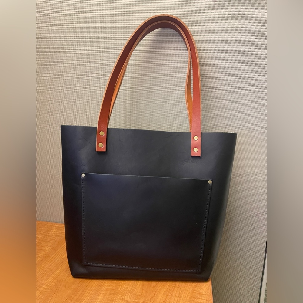 Portland Leather medium tote in smooth black with tan handles